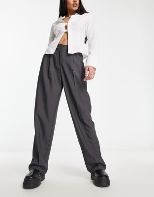 Only Pleat Wide Leg Tailored Pants In Charcoal-gray