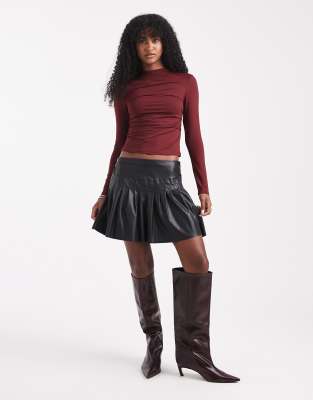 Only Pleated Faux Leather Mini Skirt In Black