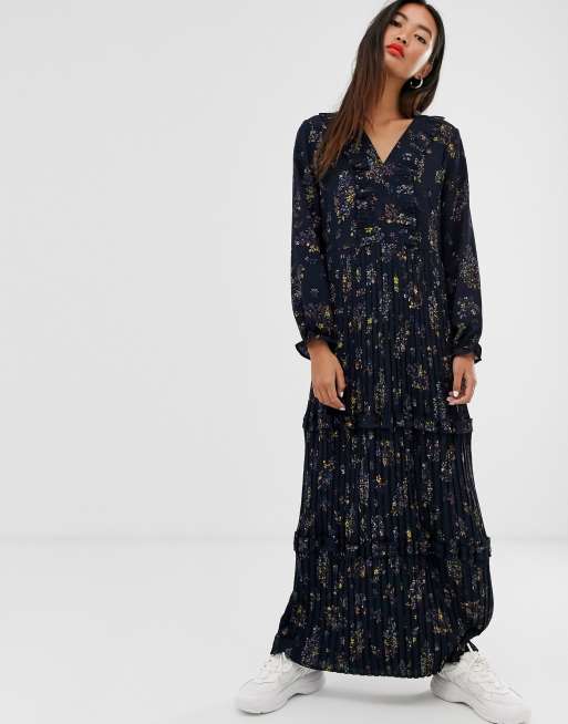 floral print pleated backless slip maxi dress
