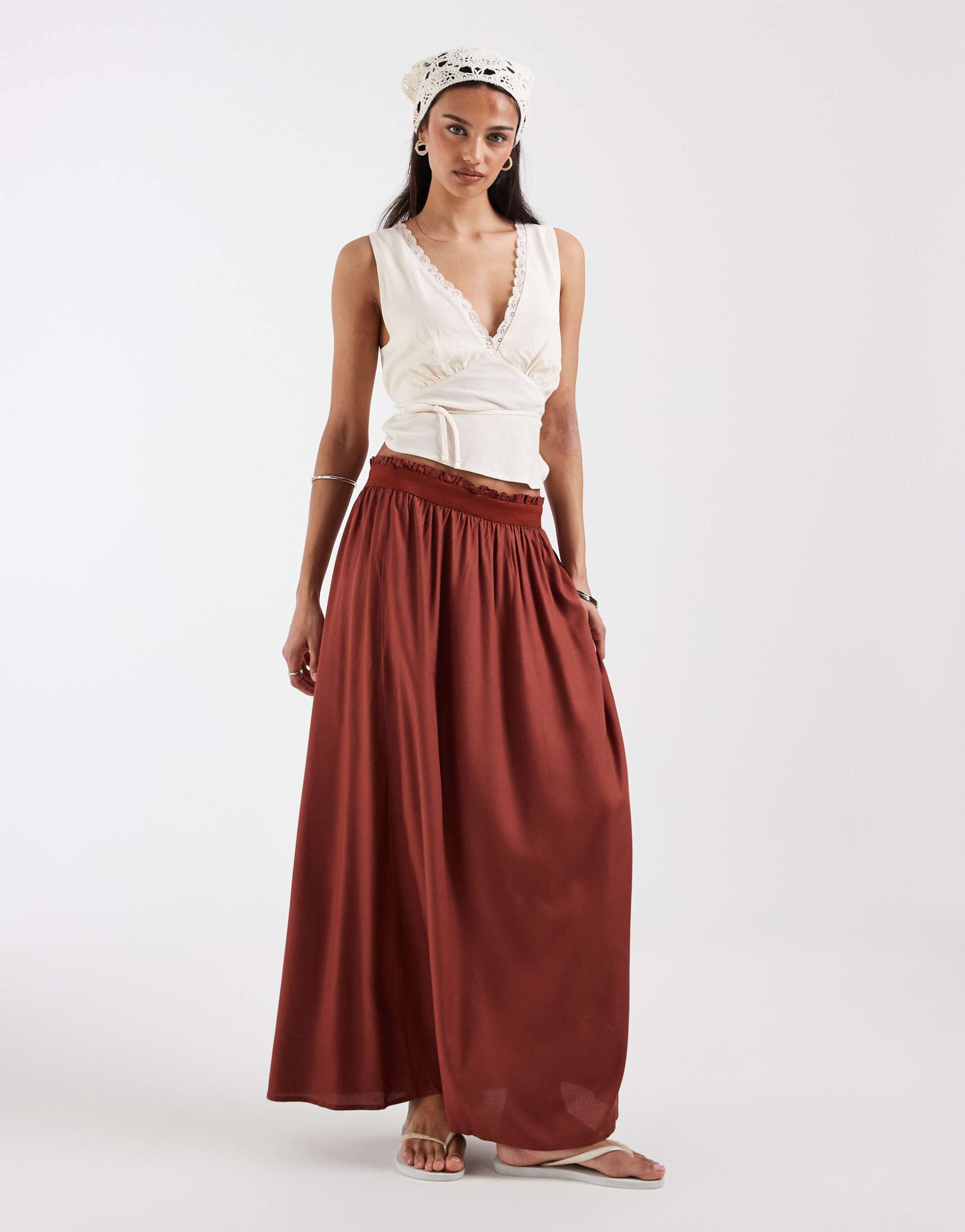 only pleated maxi skirt in dark red