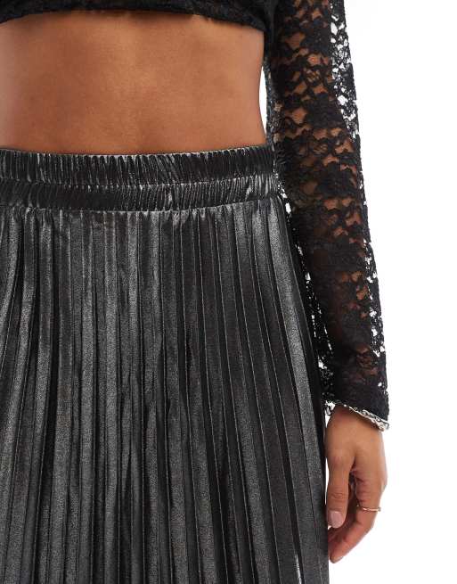 ONLY pleated maxi skirt in grey metallic