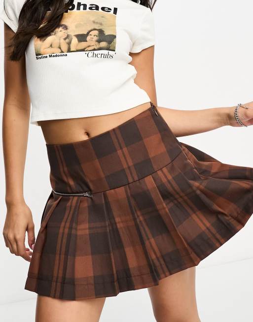 ONLY pleated micro mini skirt in brown check ASOS