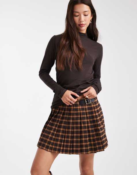 ONLY pleated mini skirt with belt detail in brown check - view 1