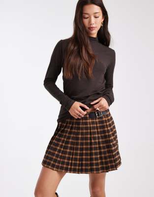Only Pleated Mini Skirt With Belt Detail In Brown