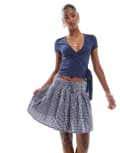 [ONLY] ONLY pleated mini skirt with tie waist in navy gingham 12-14 NAVY