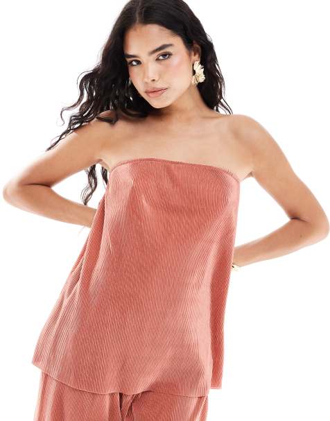 ONLY plisse bandeau longline top in dusky pink - part of a set - view 1