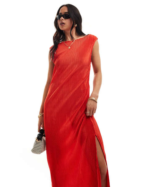 ONLY plisse boat neck maxi dress in red - view 1
