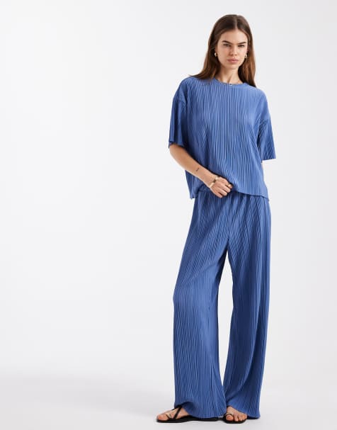 ONLY - Plissé broek met wijde pijpen in blauw, deel van co-ord set - view 1