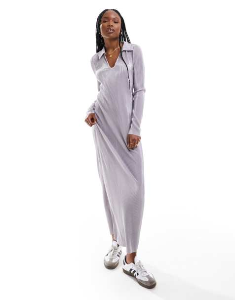ONLY plisse collared maxi column dress in gray - view 1