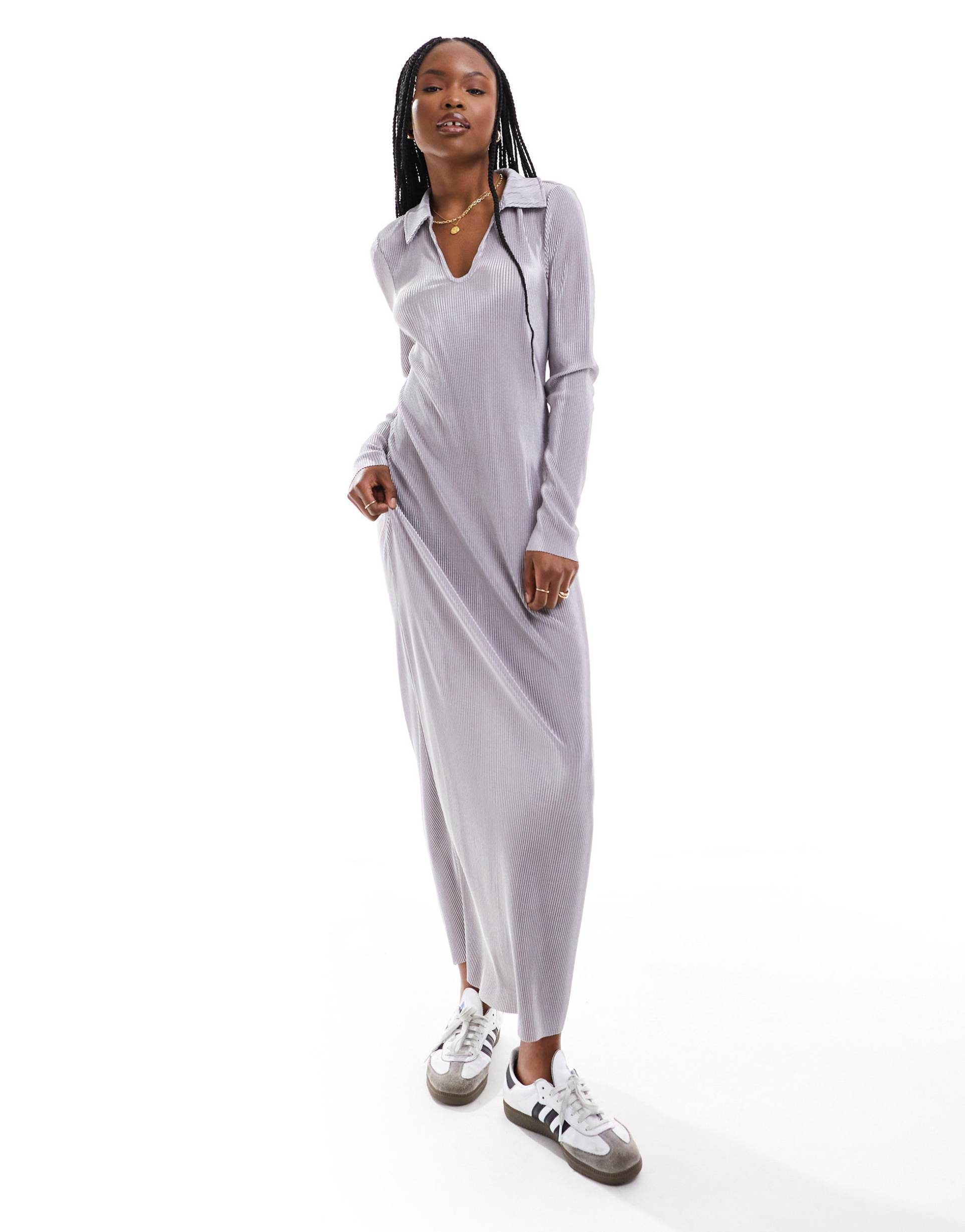 only plisse collared maxi column dress in gray