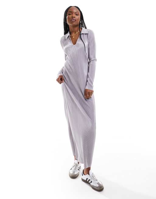 ONLY plisse collared maxi column dress in gray 