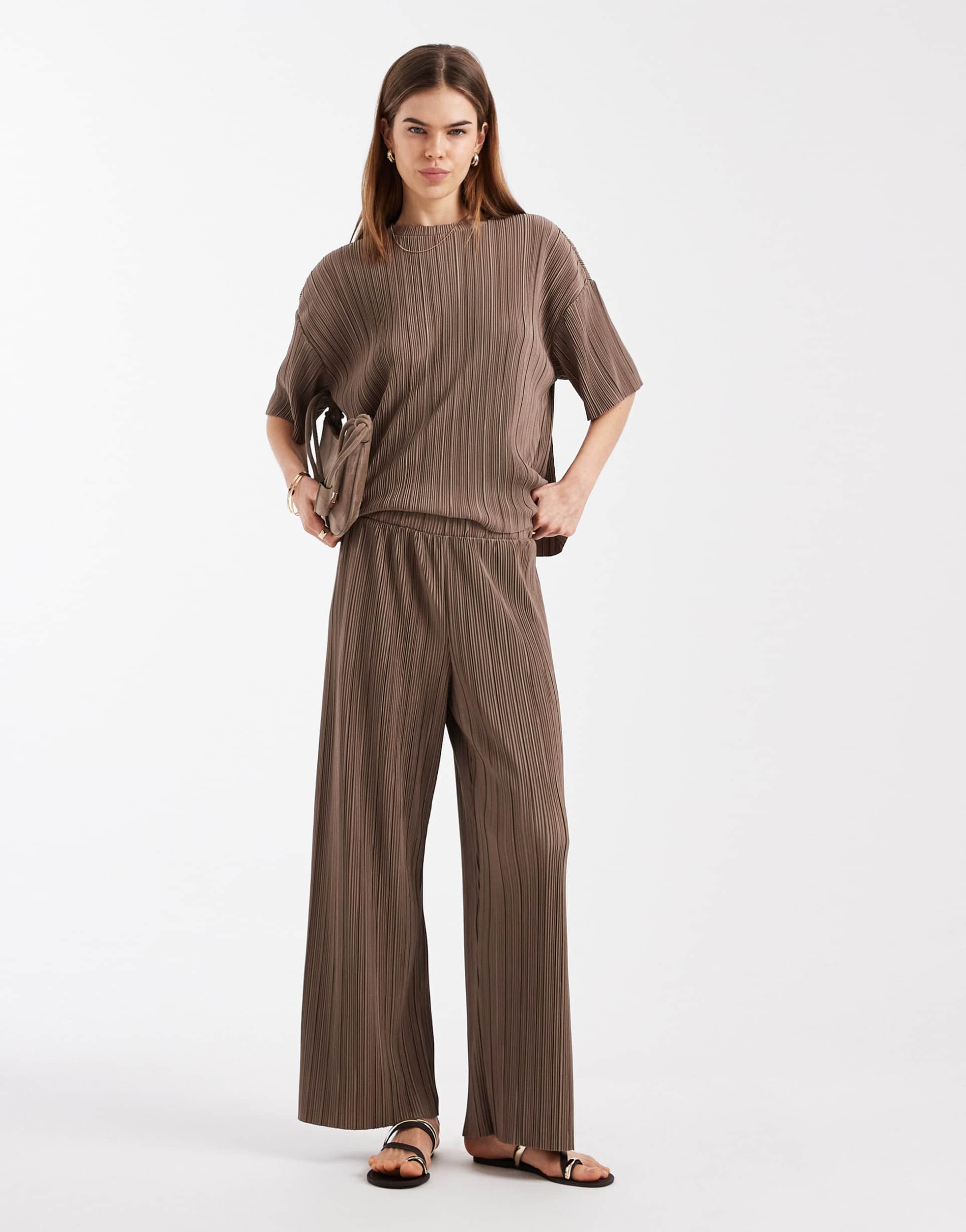 only plisse wide leg pants in light brown - part of a set