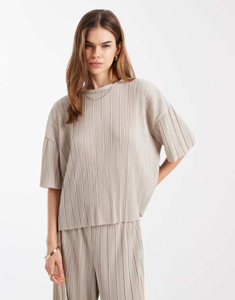 ONLY – Plissiertes Boxy-Fit-T-Shirt in Creme, Kombiteil - view 1