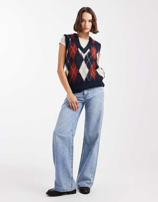 ONLY - Pluizig gebreid hemdje met argyle-patroon in marineblauw, 2 van 4
