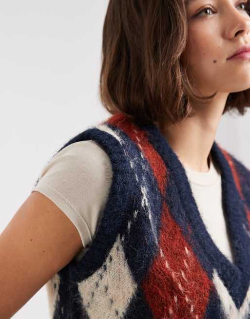 ONLY - Pluizig gebreid hemdje met argyle-patroon in marineblauw, 3 van 4