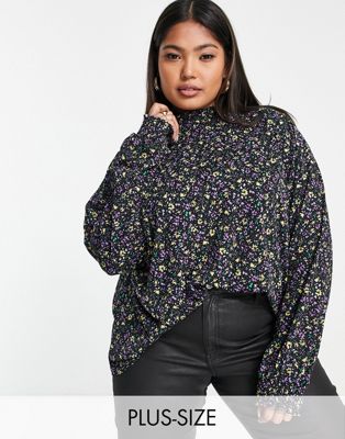 Only Plus carpelly long sleeve high neck blouse in aop black floral