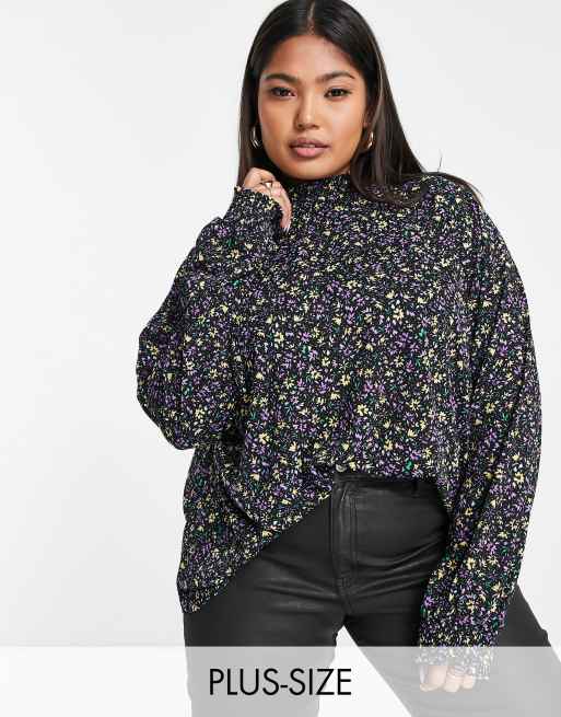 Only Plus carpelly long sleeve high neck blouse in aop black