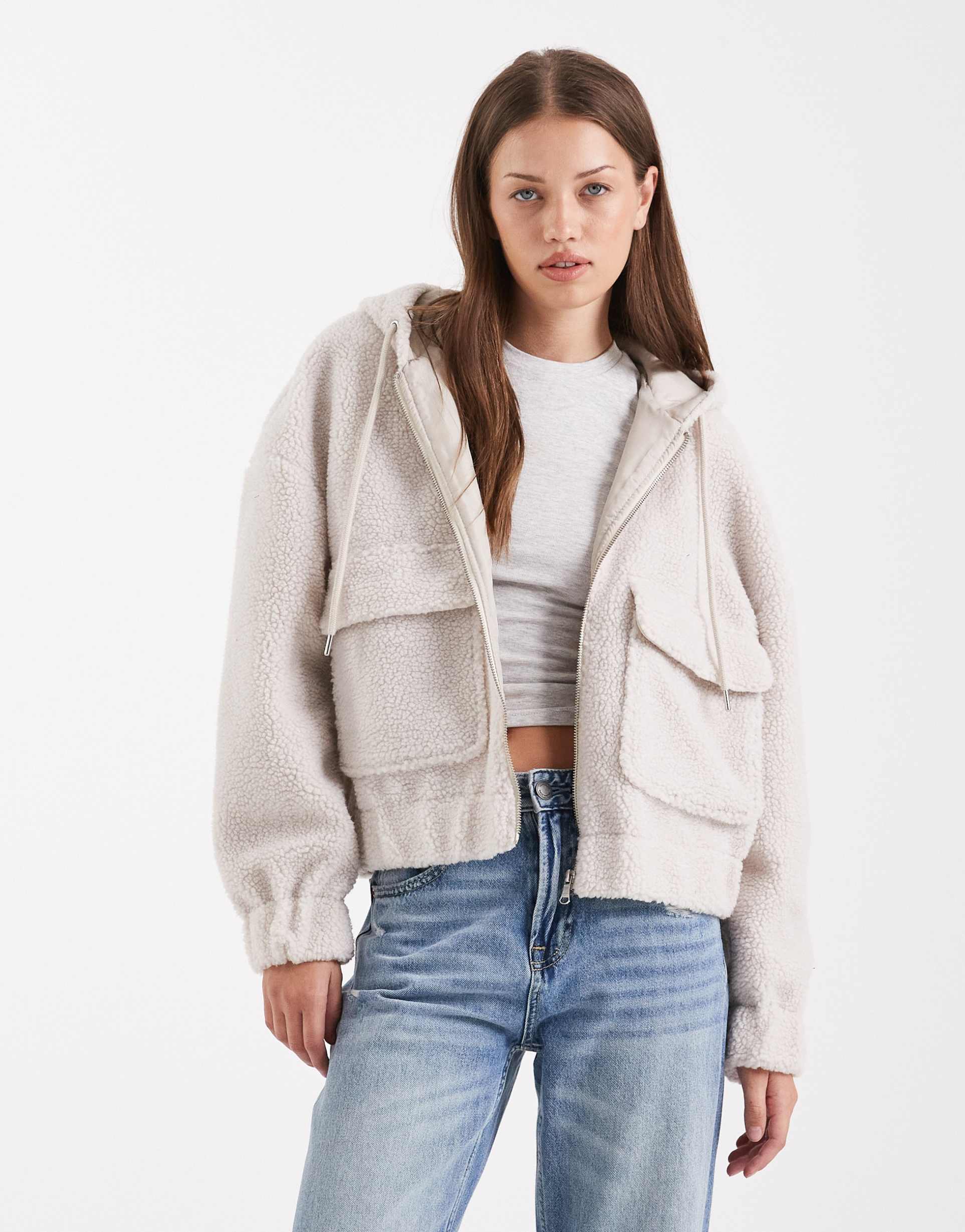 only pocket detail hooded teddy jacket in stone