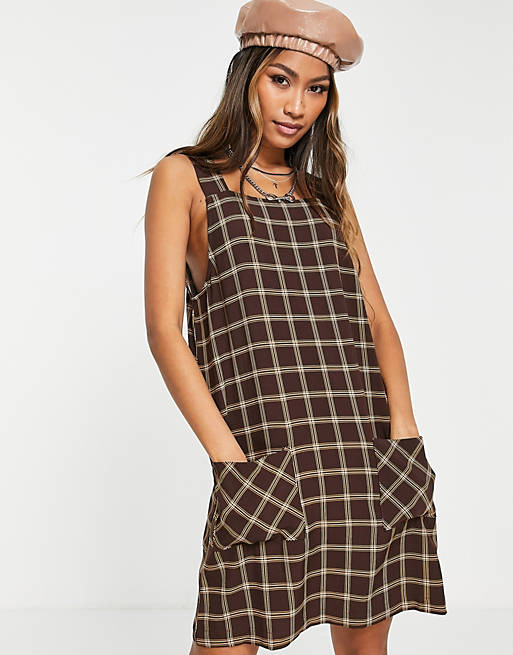 Only pocket detail mini pinafore dress in brown check