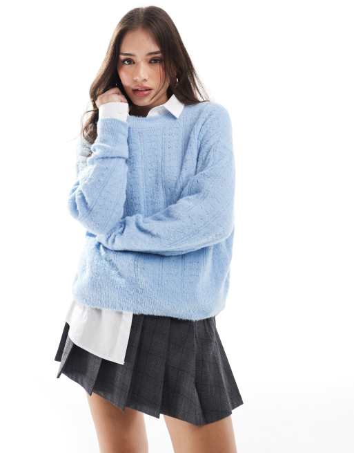 ONLY pointelle crew neck sweater in power blue