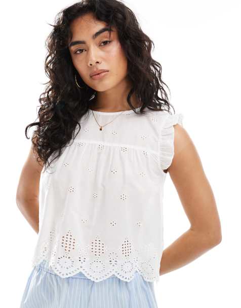 ONLY pointelle frill sleeve top in white - view 1