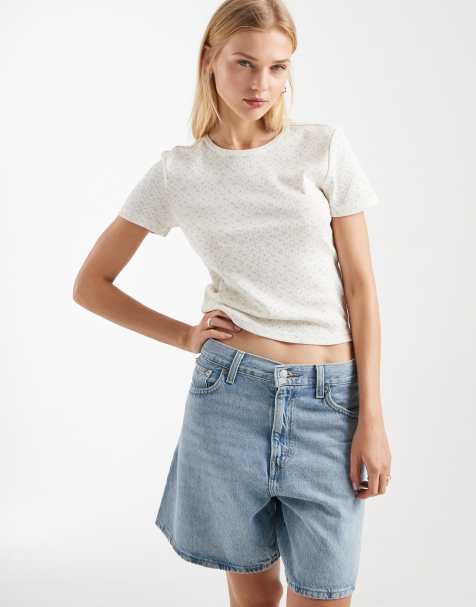 ONLY pointelle knit baby t-shirt in cream with blue ditsy floral - view 1