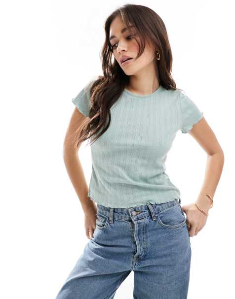 ONLY pointelle lettuce edge baby tee in sage - view 1