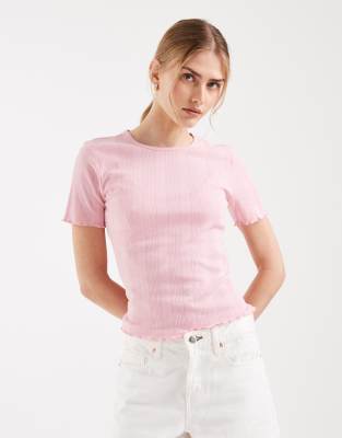 Only Pointelle Lettuce Edge Top In Pink