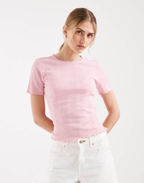 ONLY pointelle lettuce edge top in light pink - view 1