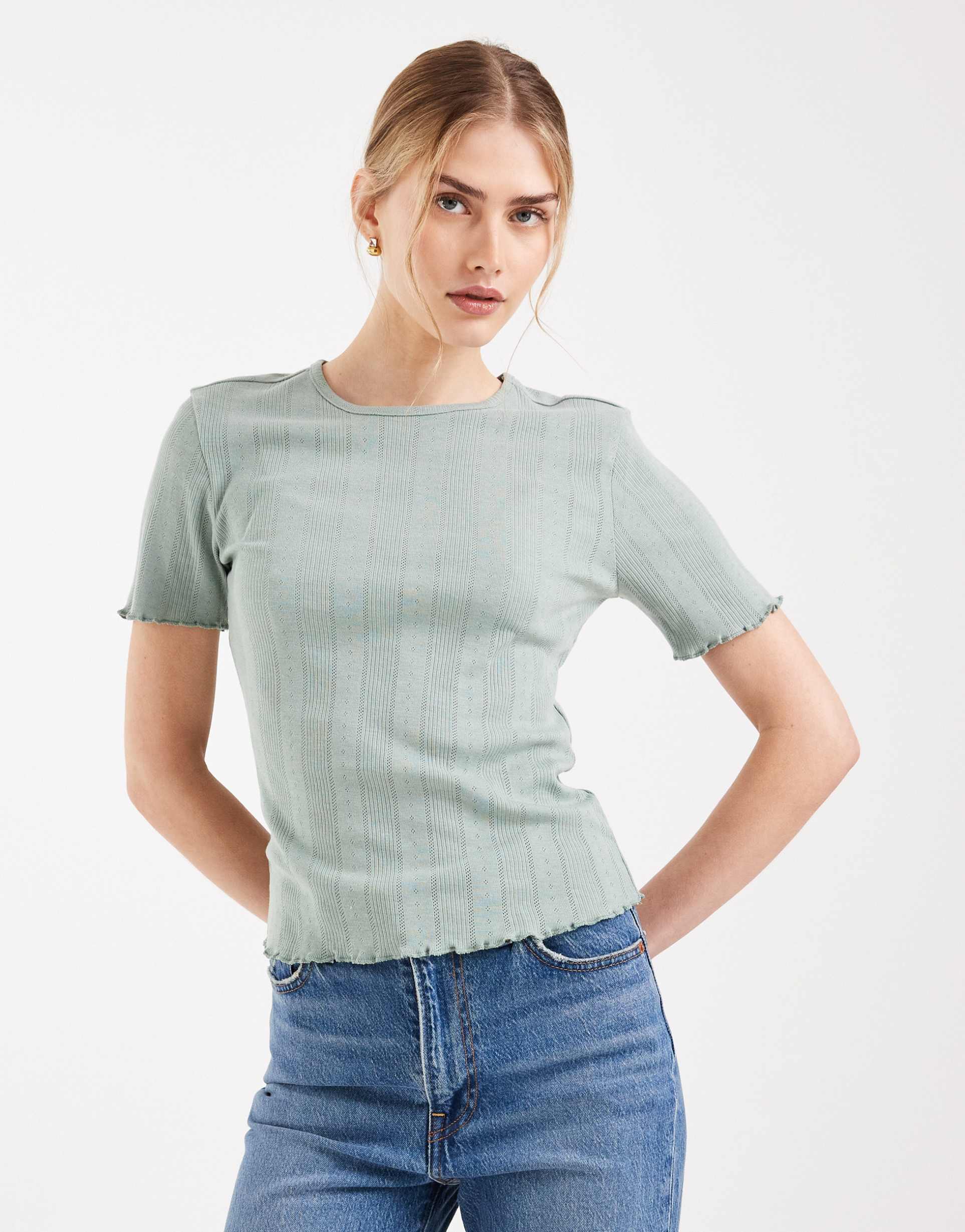 only pointelle lettuce edge top in sage