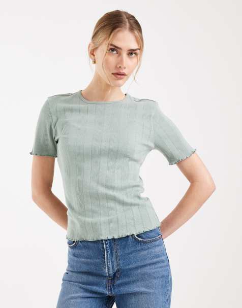 ONLY pointelle lettuce edge top in sage