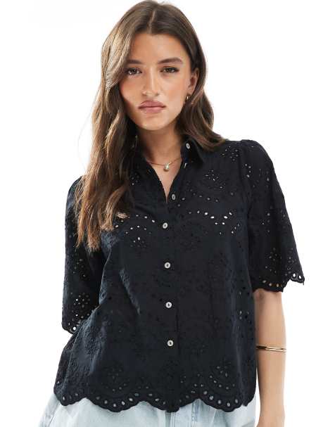 ONLY pointelle short sleeve shirt in black - view 1