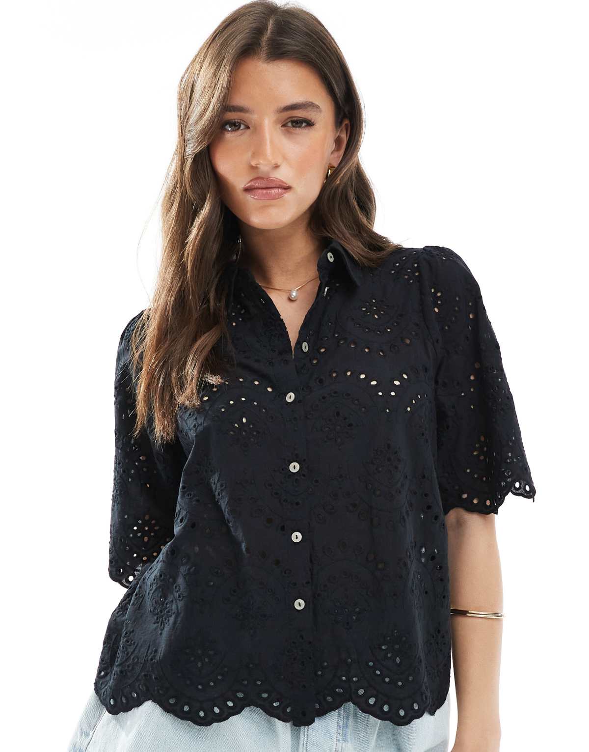 ONLY pointelle short sleeve shirt in black