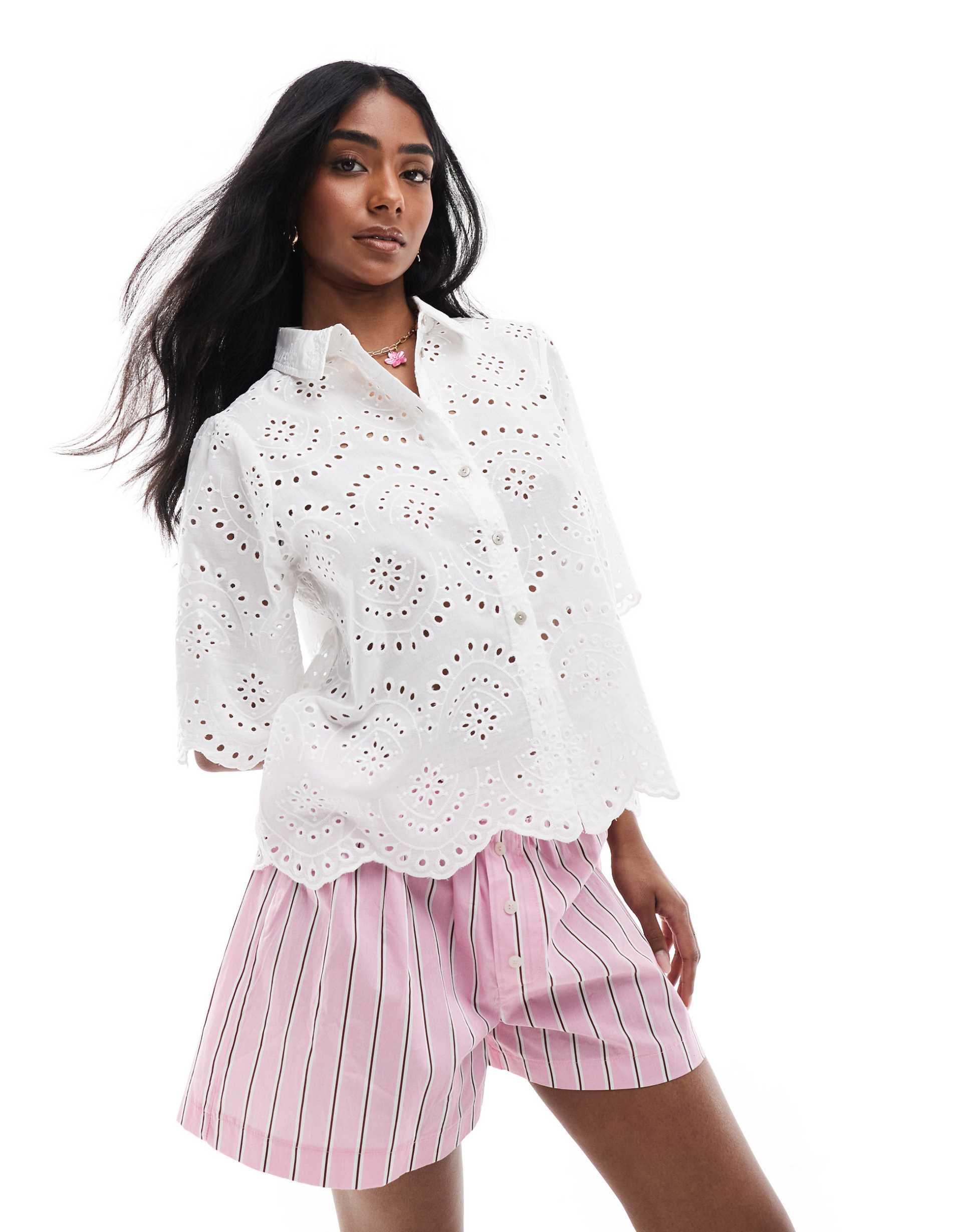 only pointelle short sleeve shirt in white