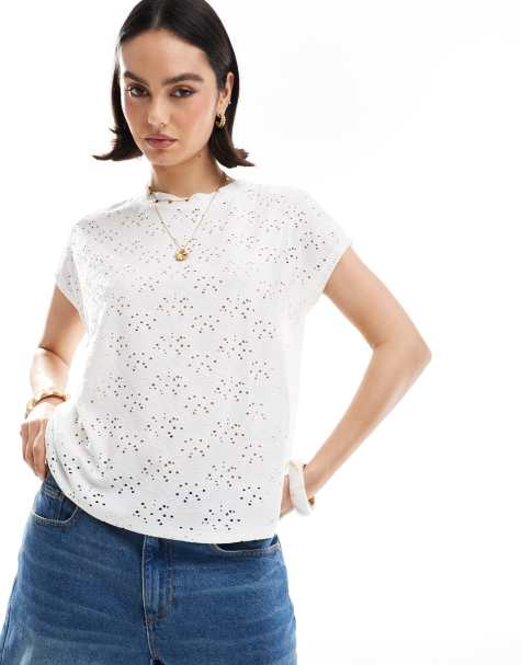 ONLY pointelle short sleeve top in white - view 1