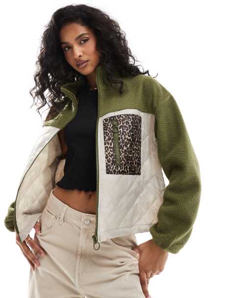 ONLY teddy fleece jacket with leopard print pocket in khaki and cream