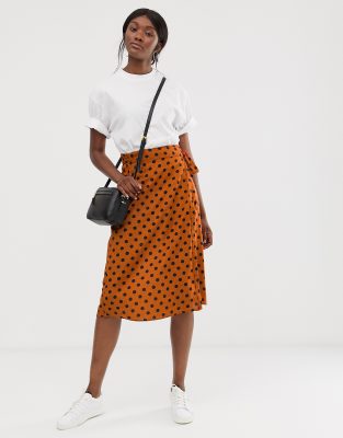 polka dot wrap midi skirt