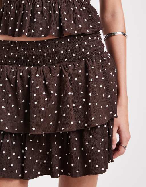 ONLY polka dots ruffle mini skirt co-ord in brown, 2 of 5