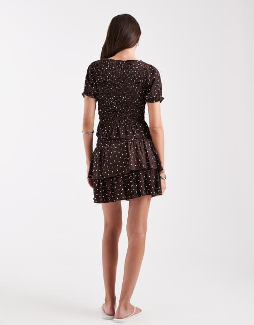 ONLY polka dots ruffle mini skirt co-ord in brown, 3 of 5