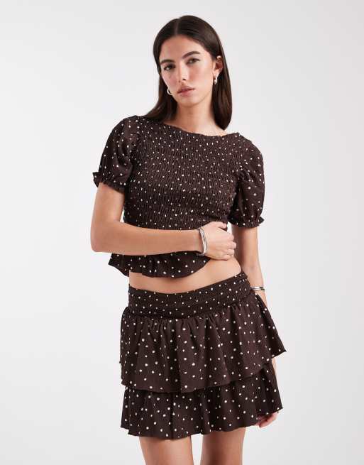 ONLY polka dots ruffle mini skirt co-ord in brown, 5 of 5
