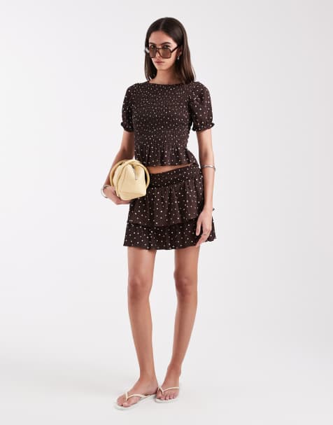 ONLY polka dots smock top & polka dots ruffle mini skirt co-ord in brown - view 1