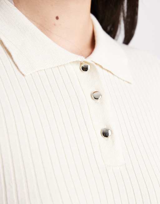 ONLY - Polo a maniche lunghe color beige chiaro a coste, 3 di 4