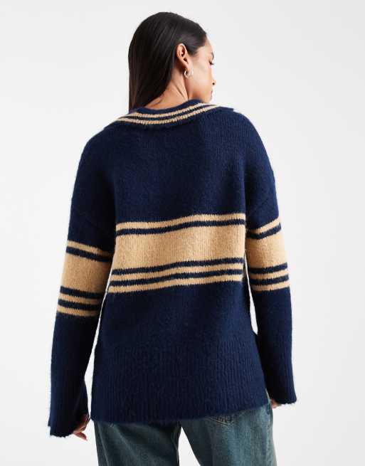 ONLY - Polo in maglia blu navy a righe con spacco sul collo, 2 di 4
