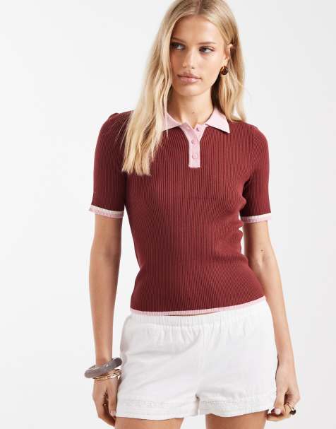 Only - Polo in maglia bordeaux con colletto attillato - view 1
