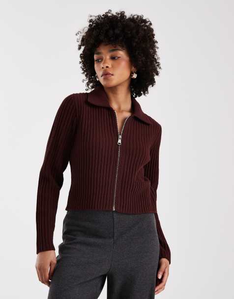 ONLY - Polo in maglia bordeaux scuro con zip - view 1