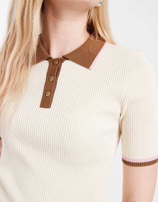 ONLY - Polo in maglia color crema con colletto a contrasto, 3 di 4