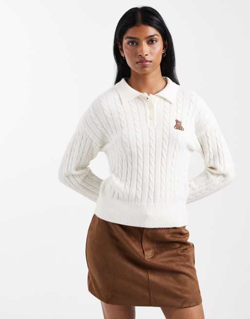 ONLY - Polo in maglia color panna con orsetto ricamato