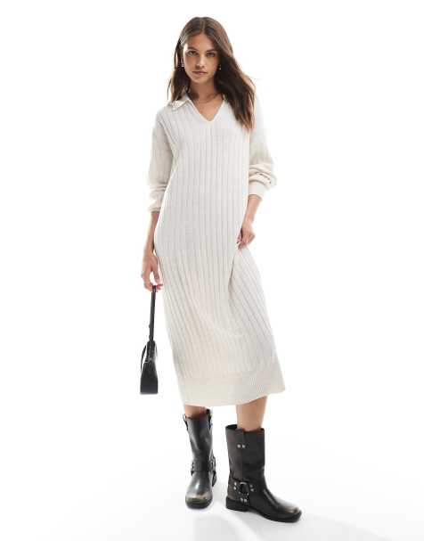 ONLY polo neck knit midi dress in stone - view 1