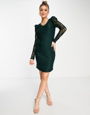 Only poula long sleeve v-neck lace jersey dress in dark green