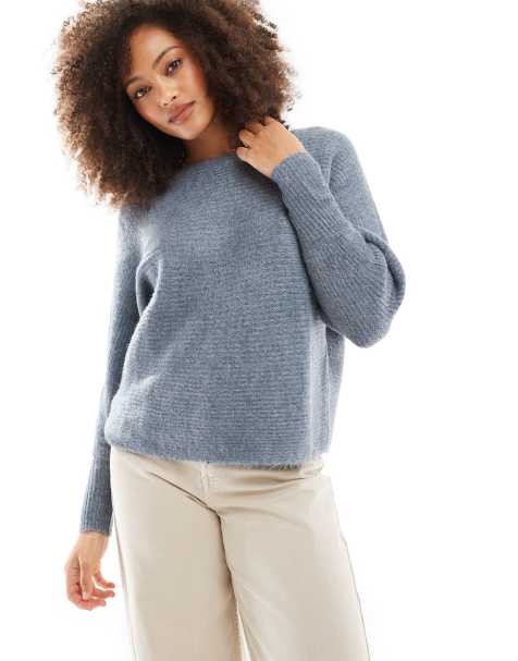 ONLY ribbed wide neck knitted jumper in light blue 